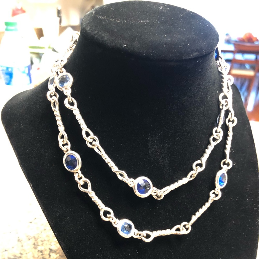 Silver long necklace with blue glass